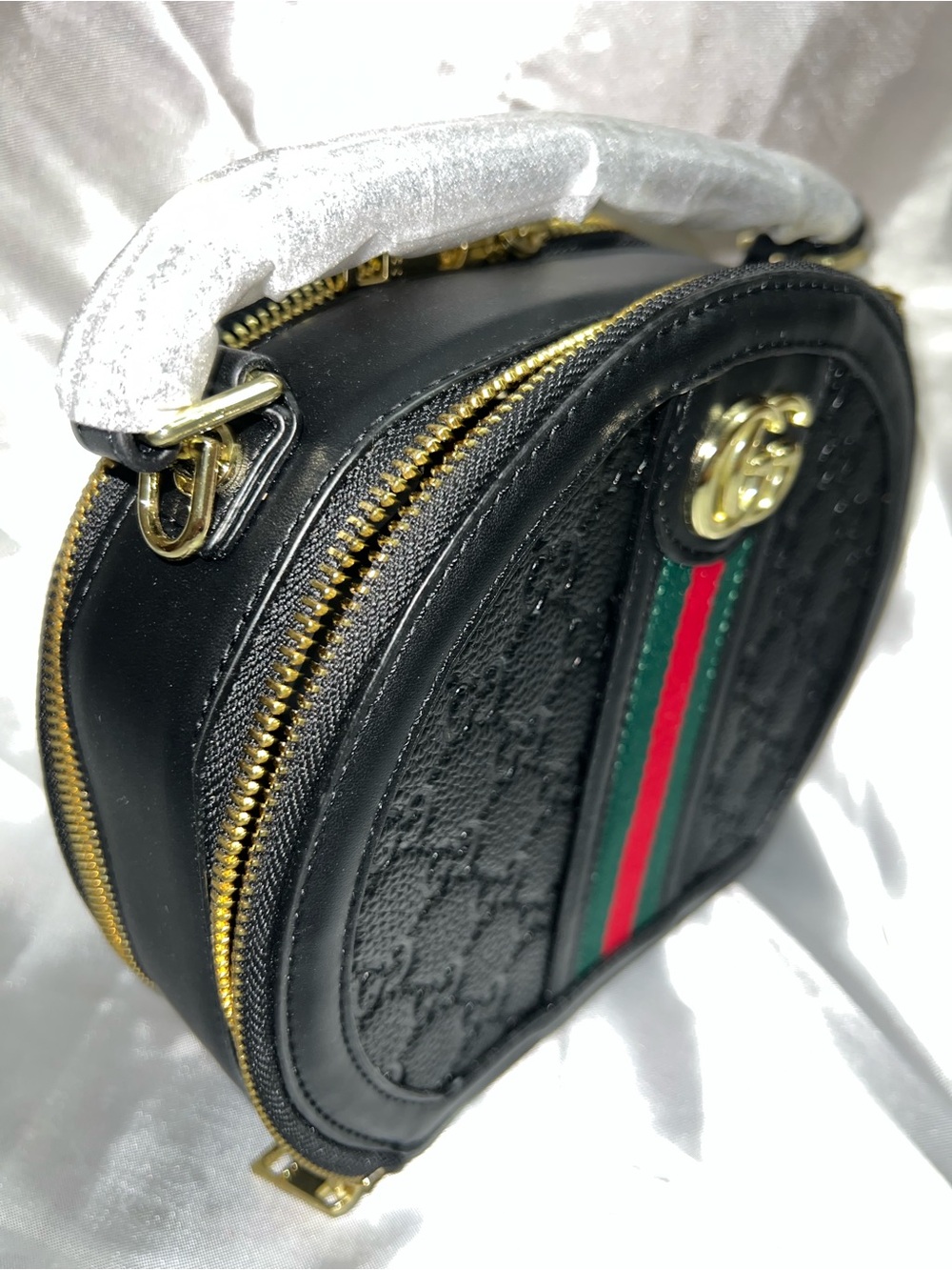 Inspired Black GG Embossed Round Crossbody with Green-Red Stripe - Picture 2 of 6